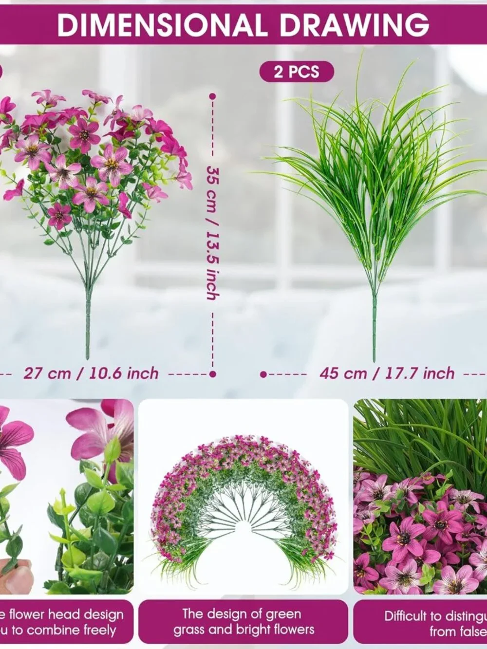 Homsunny Artificial Outdoor Flowers Pink with Wheat Grass  Patio/Porch Decor